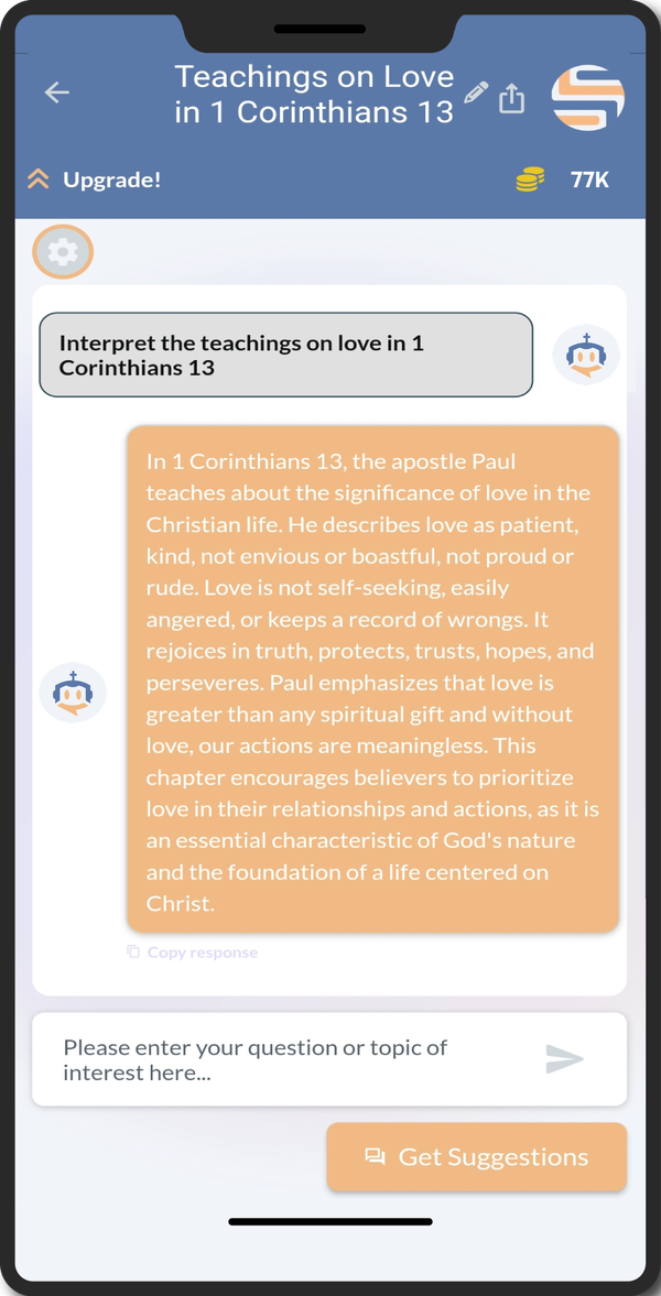 The Spirit Speak AI app explaining the teachings on love in 1 Corinthians 13